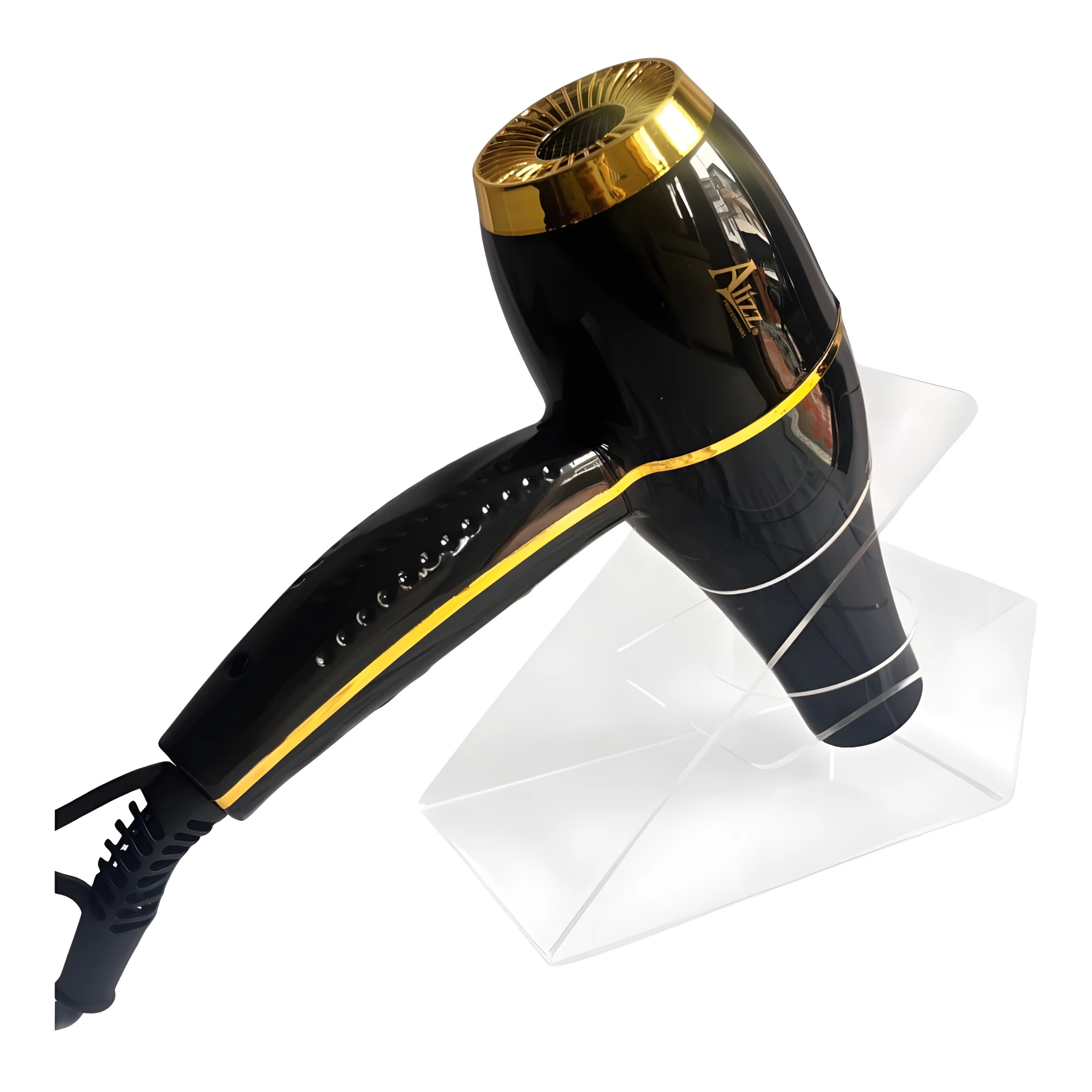 Secador de cabello negro profesional con detalles dorados sobre soporte acrílico transparente.