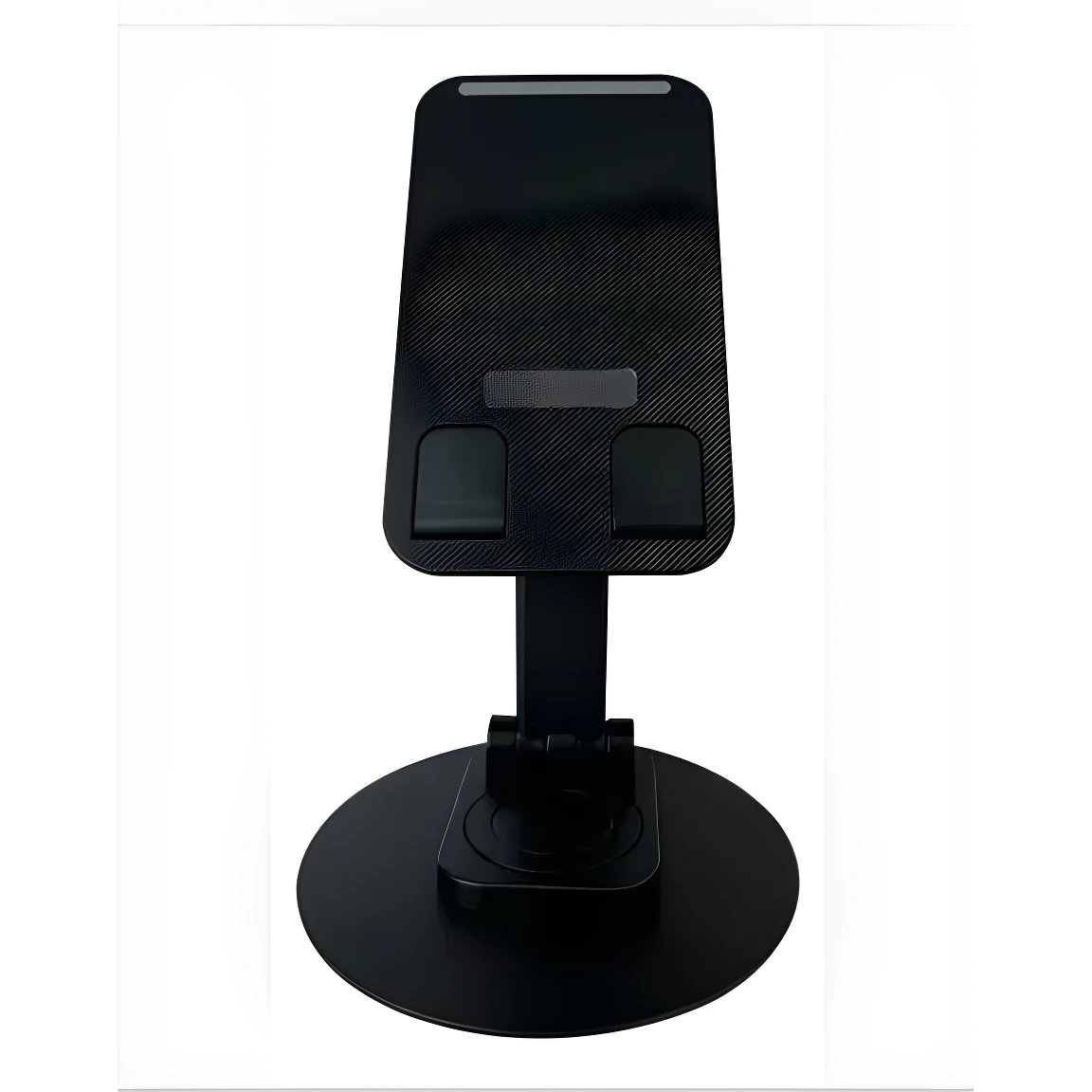 Soporte plegable negro para celular con base redonda, ideal para ver videos y trabajar cómodamente.