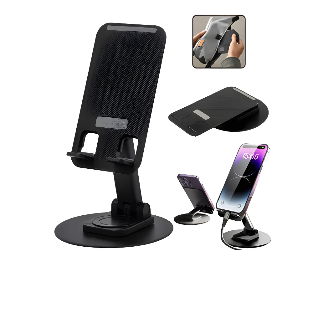 Soporte plegable negro ajustable para celular con base circular y vista lateral de carga.