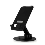 Soporte plegable negro ajustable para celular, base redonda, ideal para ver videos y trabajar.