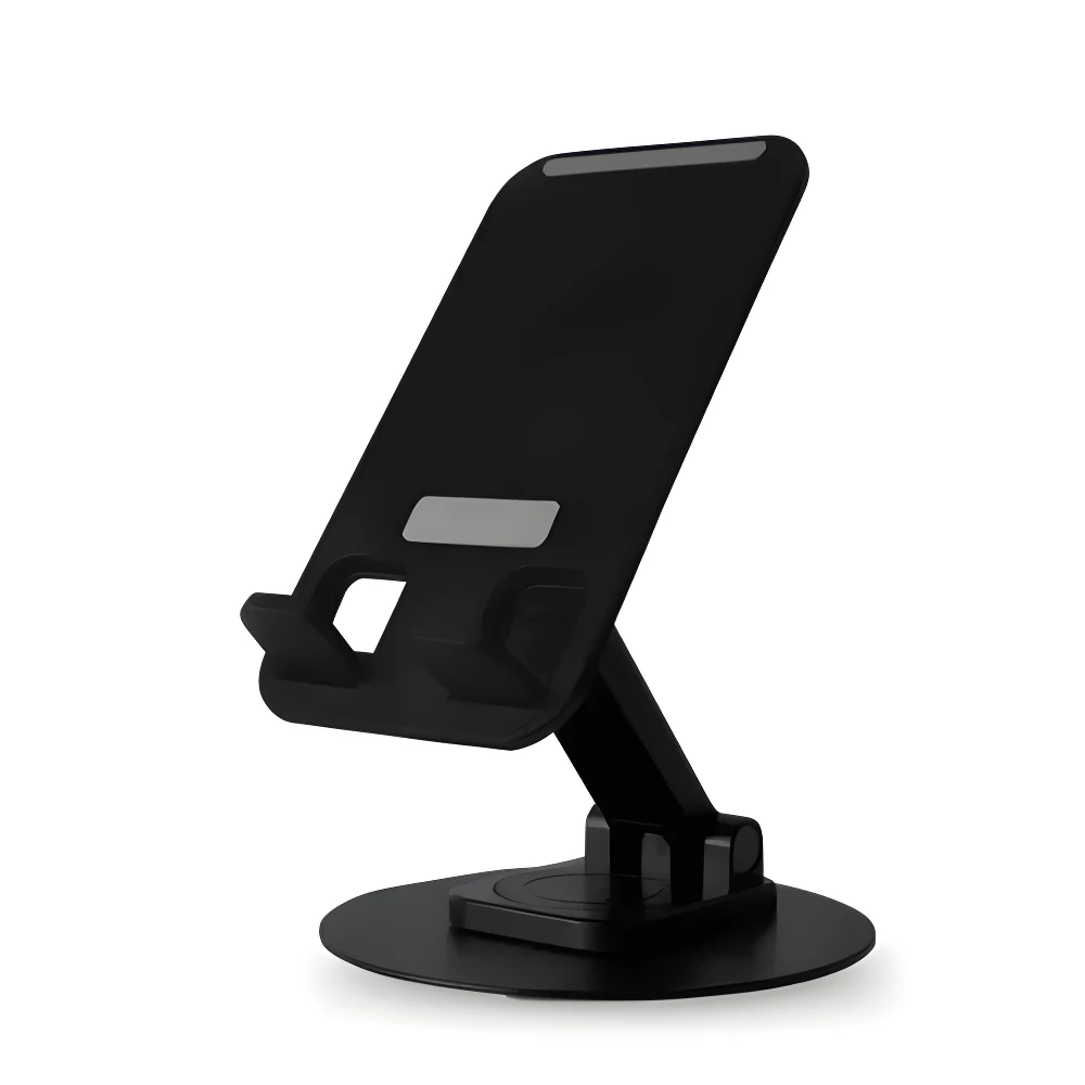 Soporte plegable negro ajustable para celular, base redonda, ideal para ver videos y trabajar.