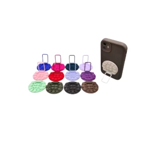 Soporte tipo teléfono antiguo con botones para celular, mostrando 8 colores y uno acoplado a un teléfono oscuro.