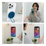 Soporte azul para celular con ventosas y anillo plegable, mostrando sujeción a espejo y uso como trípode manos libres.