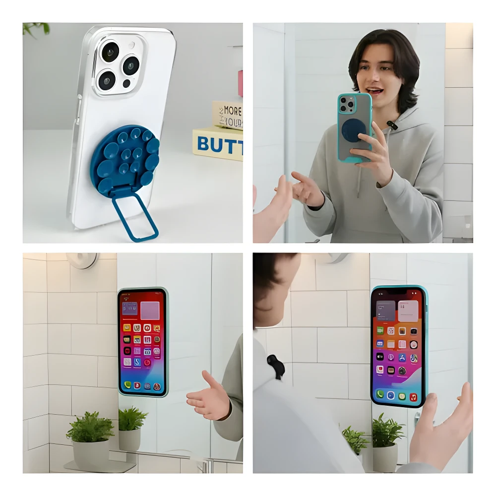 Soporte azul para celular con ventosas y anillo plegable, mostrando sujeción a espejo y uso como trípode manos libres.