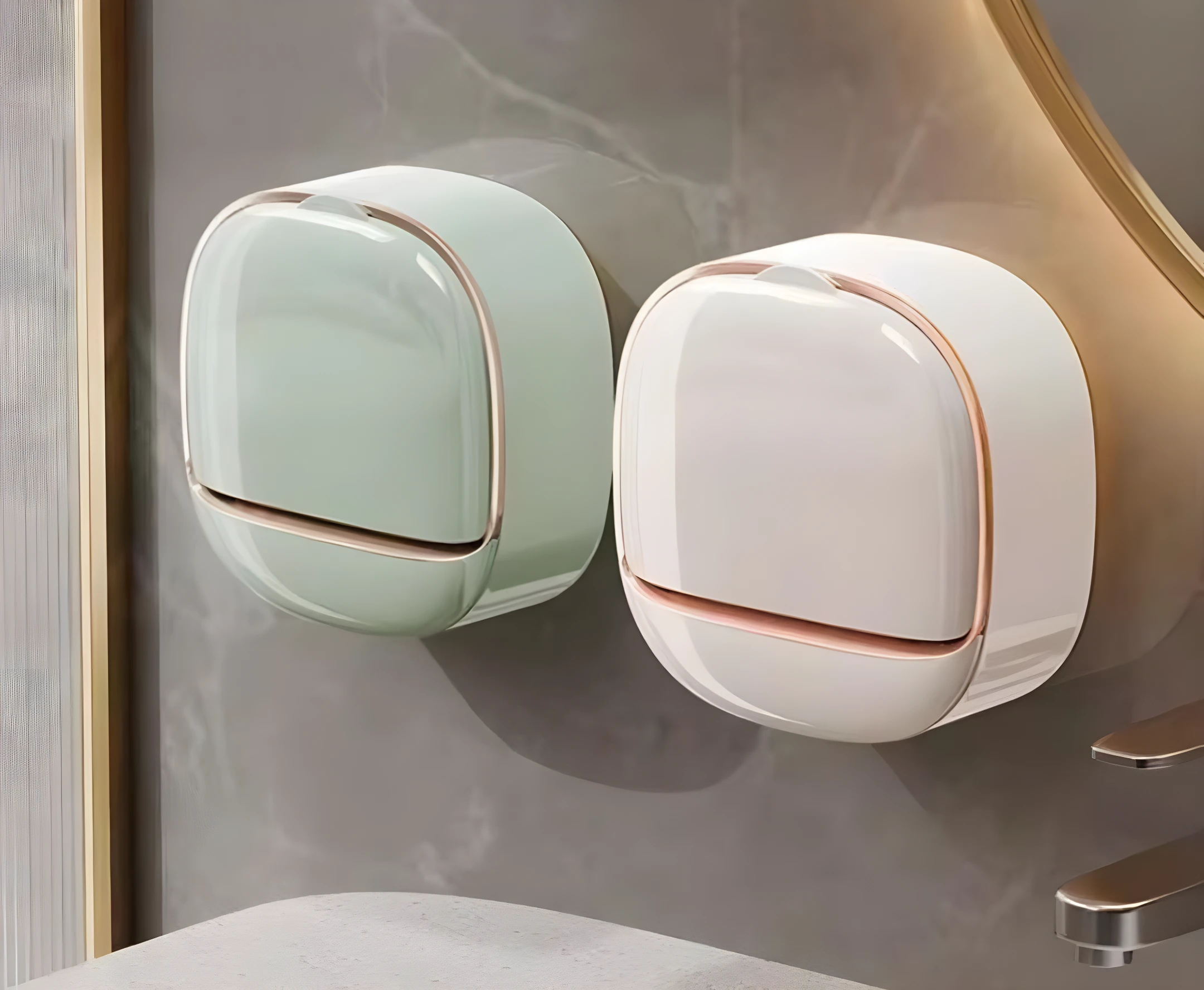 Jaboneras de ducha adhesivas, verde menta y blanco marfil, con detalle dorado, para mantener el jabón seco.