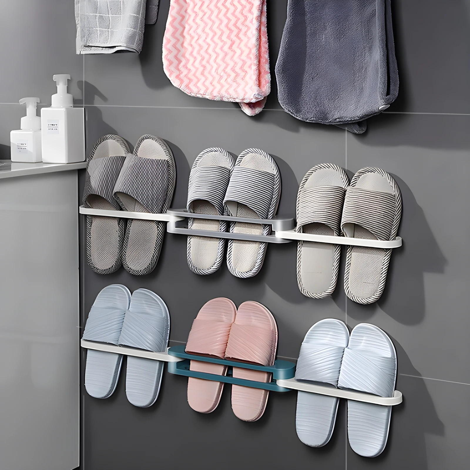 Organizador de pared para sandalias y toallas, ventila y seca calzado textil eficientemente.