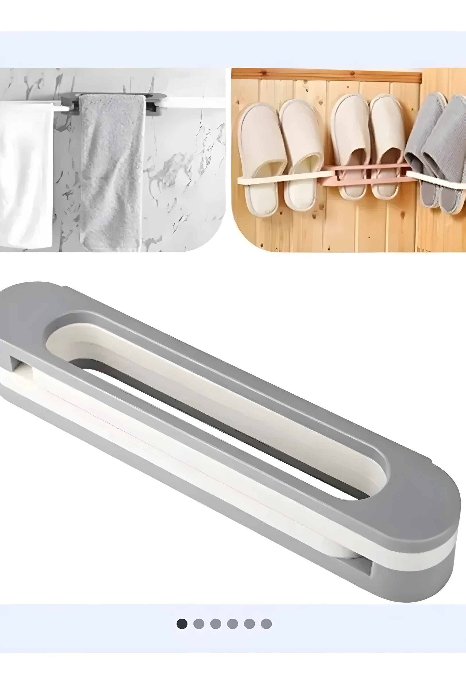 Set x2 soportes adhesivos grises para organizar sandalias o toallas en el baño, maximizando el orden.