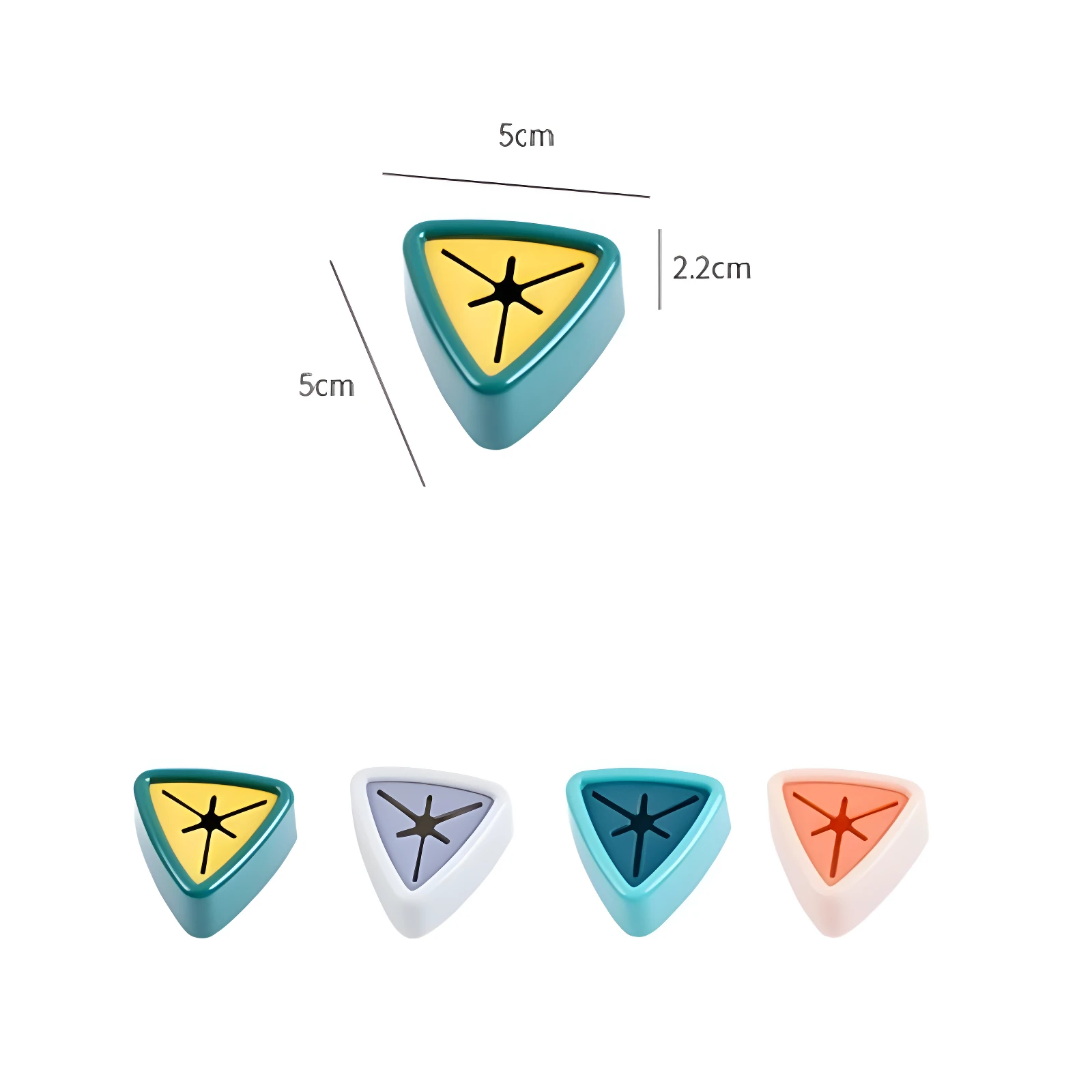 Soporte triangular adhesivo para paños de cocina/baño. Muestra cuatro colores: verde azulado, lila, turquesa y salmón. Dimensiones 5cm x 2.2cm.