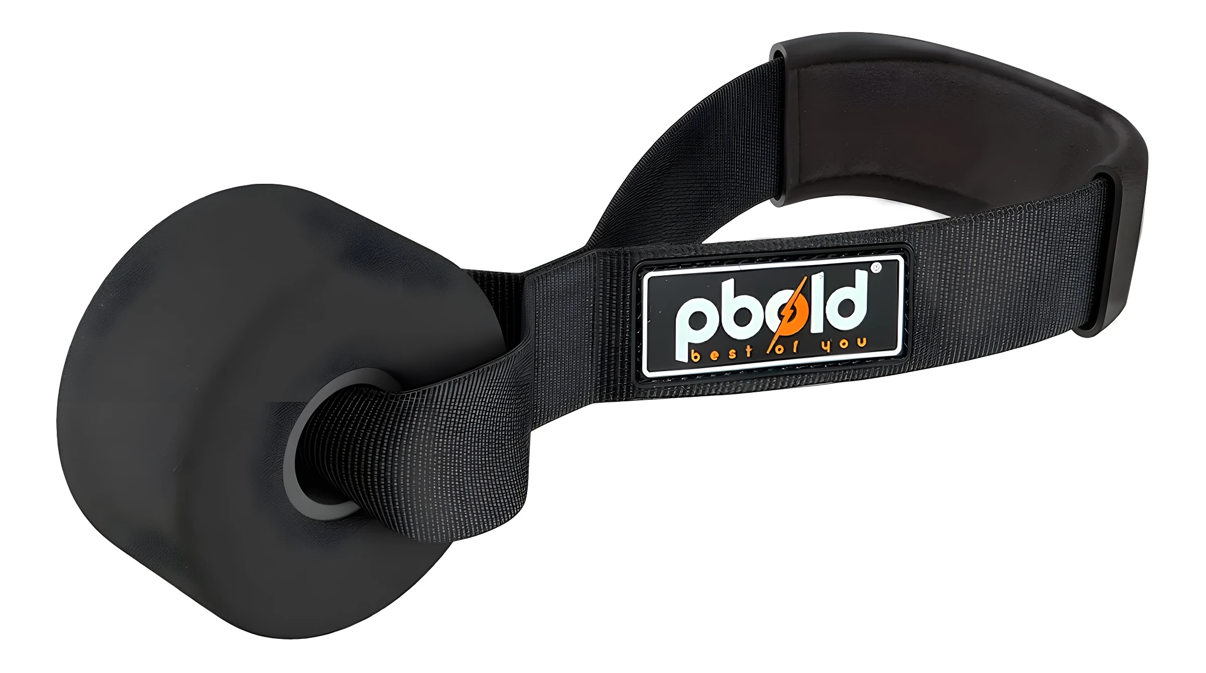 Soporte de puerta negro para bandas de resistencia Pbold, con correa textil y almohadilla de espuma, fondo blanco.