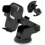 Soporte para celular de coche negro con ventosa de gel y brazo ajustable para GPS en tablero.