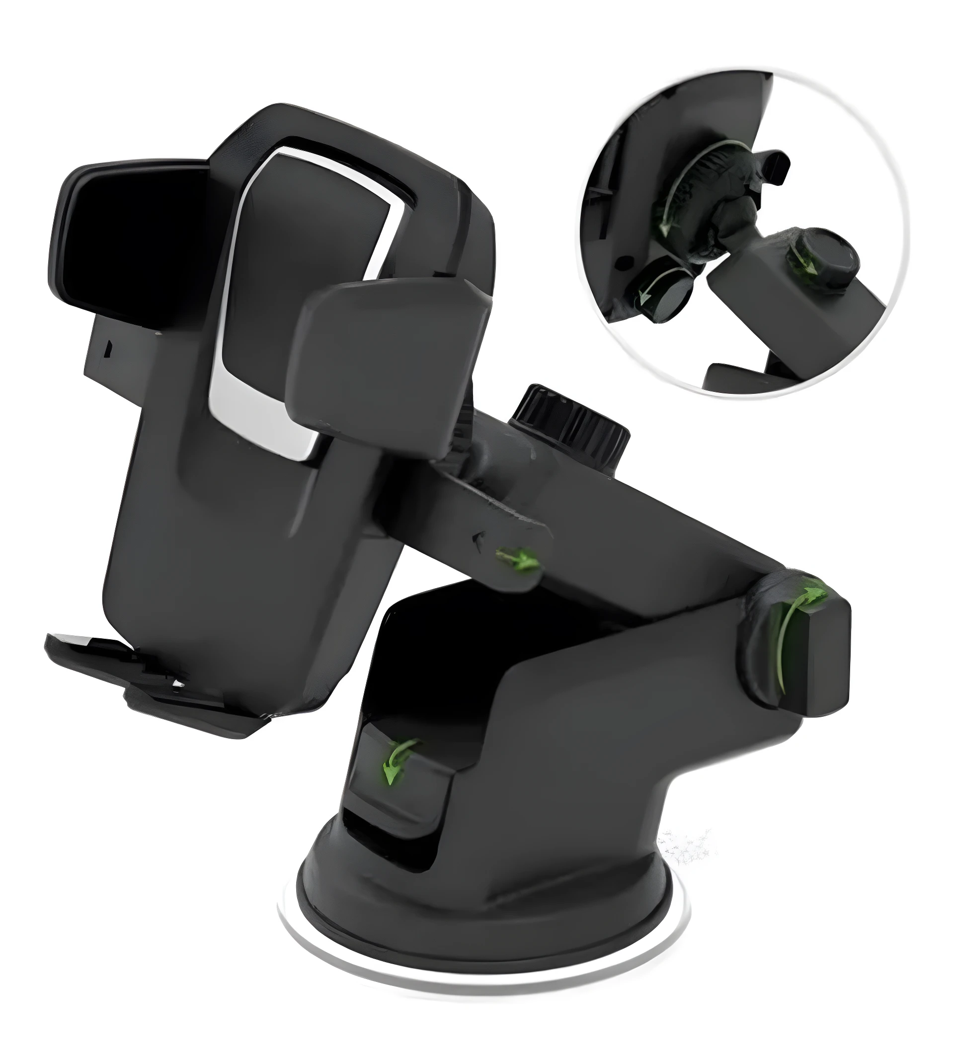 Soporte para celular de coche negro con ventosa de gel y brazo ajustable para GPS en tablero.
