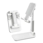 Soportes ajustables para celular en blanco, uno plegado y otro extendido, ideales para manos libres.