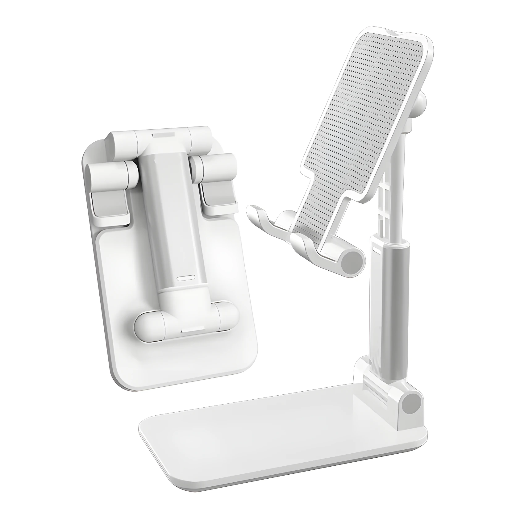 Soportes ajustables para celular en blanco, uno plegado y otro extendido, ideales para manos libres.