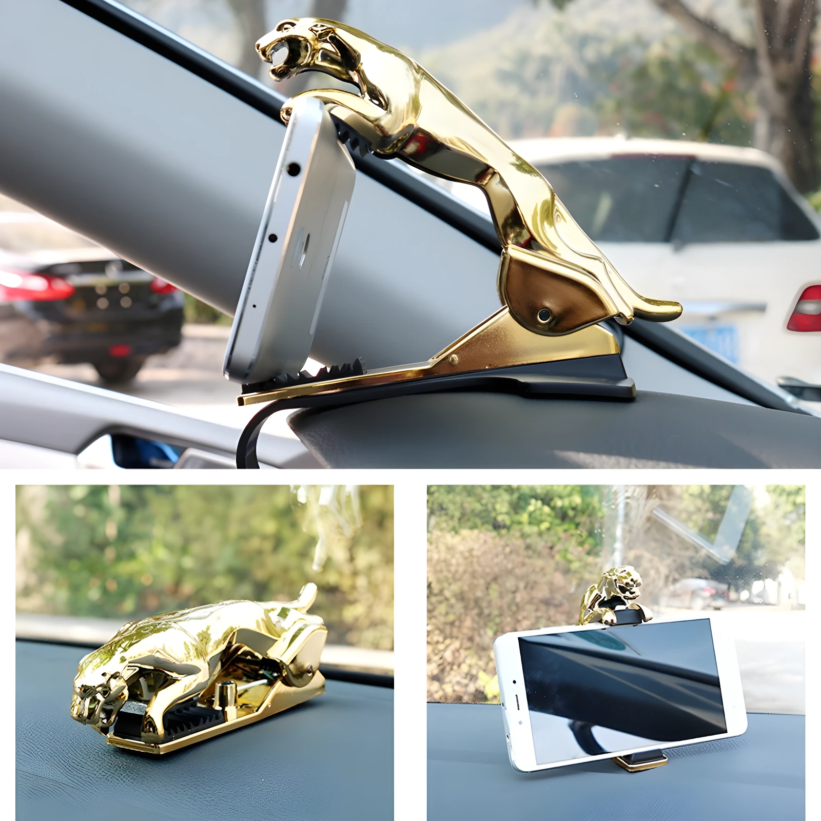 Soporte dorado para móvil con figura de pantera rugiendo, sujetando un celular en el tablero del auto.