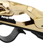 Soporte móvil dorado con figura de pantera rugiendo sobre base negra, sujetador de ventilación.