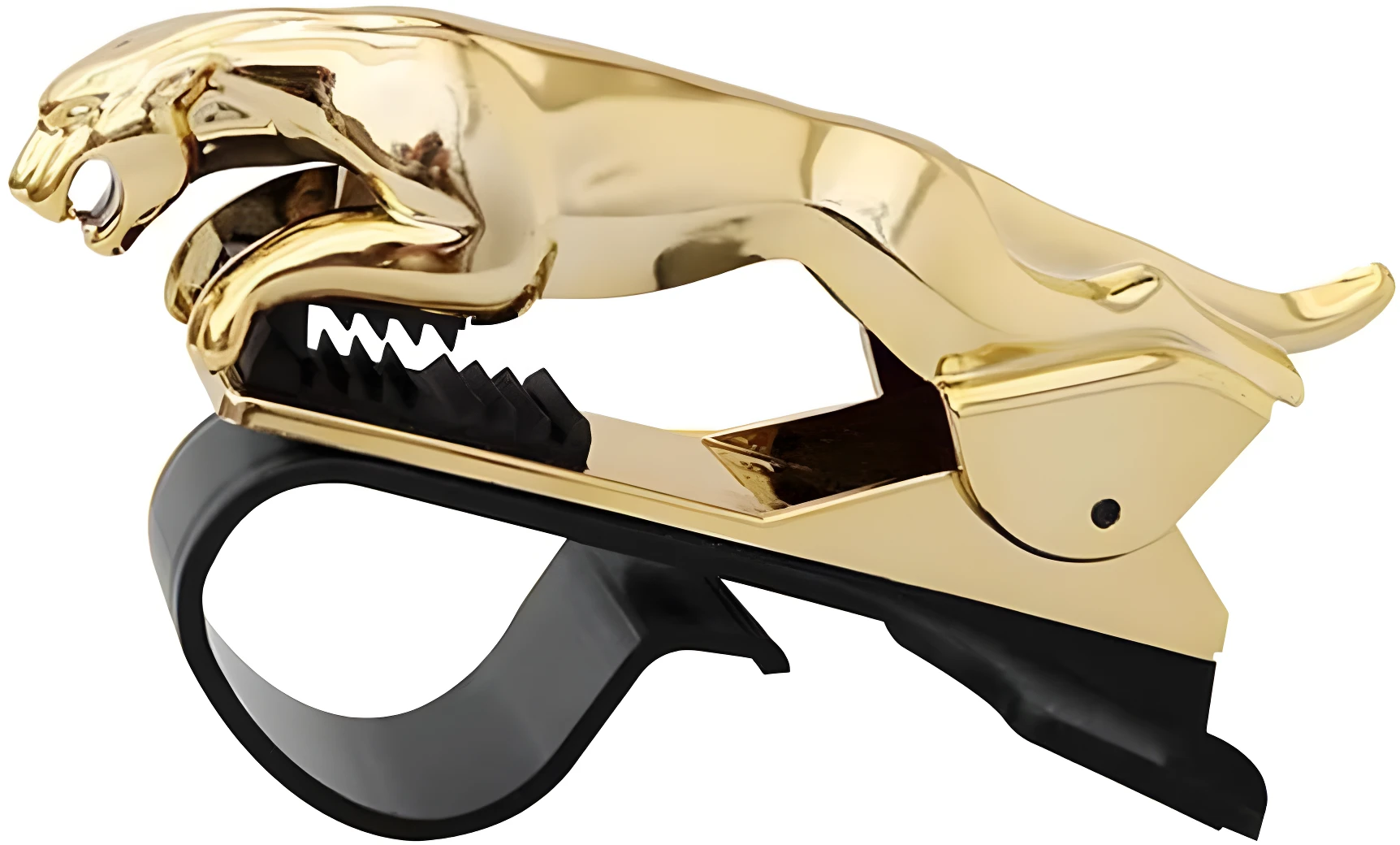 Soporte móvil dorado con figura de pantera rugiendo sobre base negra, sujetador de ventilación.