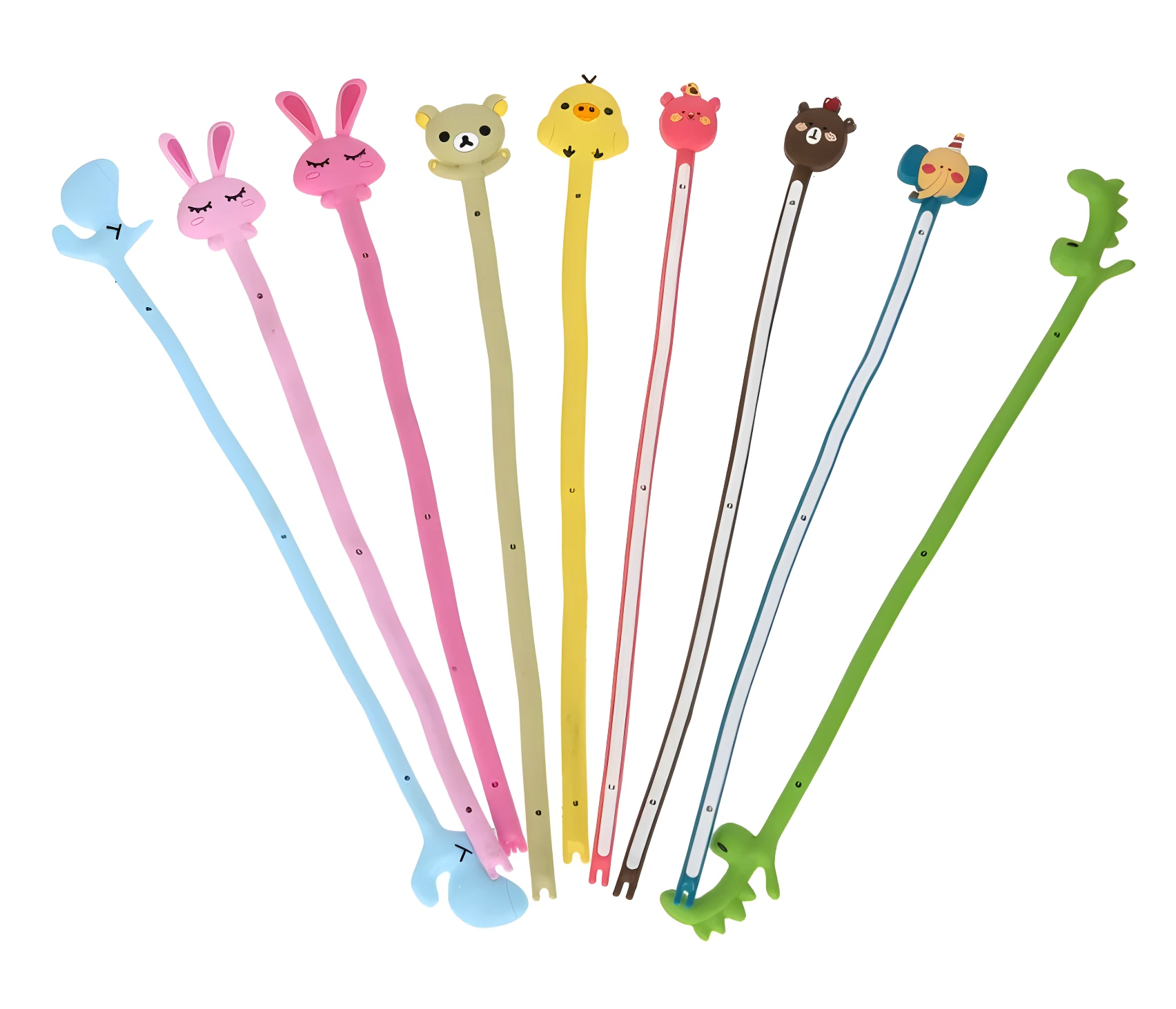 Set de 8 sujetadores espiral para cables en forma de animales de colores, ideales para organizar escritorios.