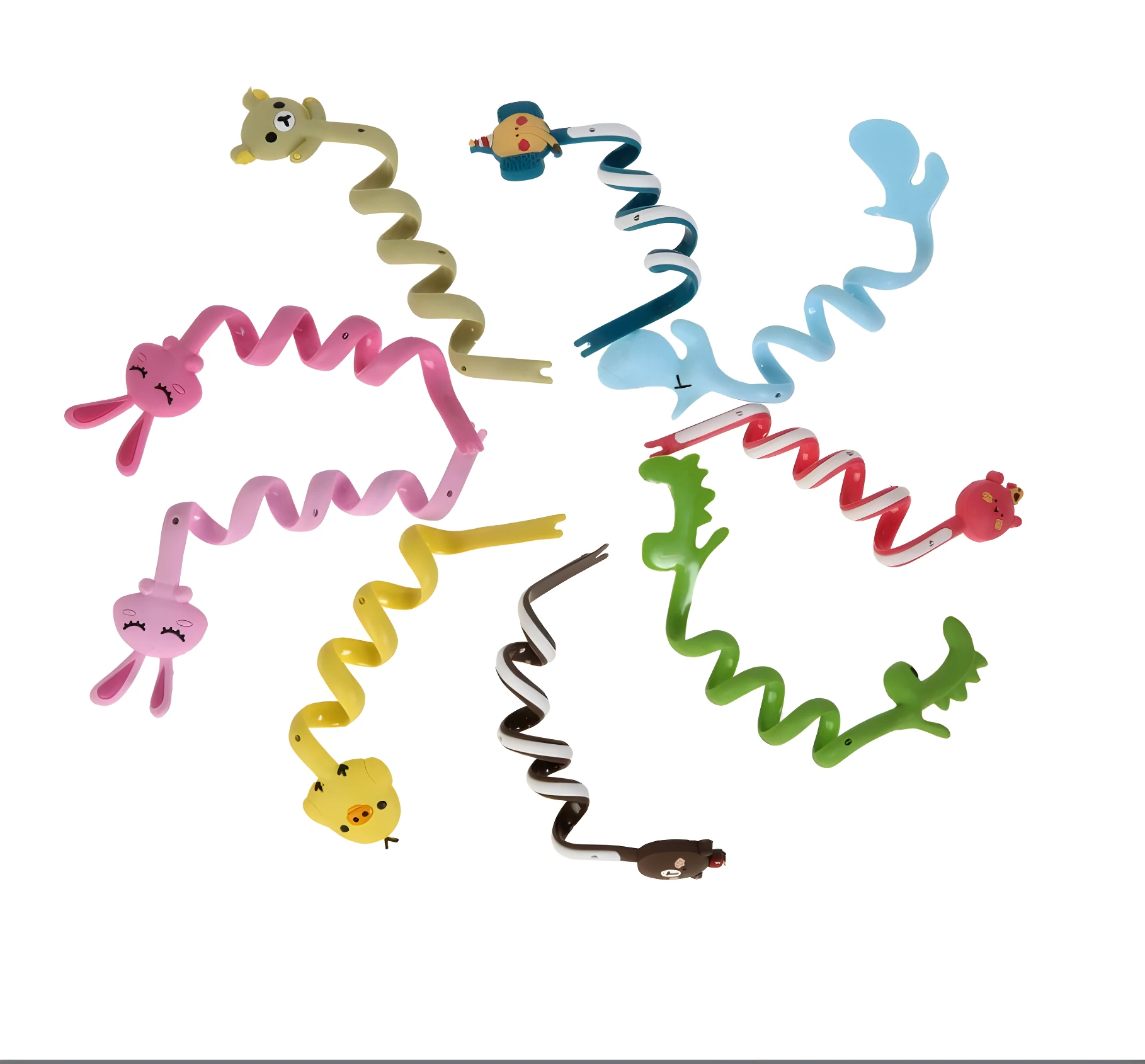 Set de 6 sujetadores espiral para cables con diseños de animales: oso, conejo, pollito, ballena, dinosaurio y cerdito.