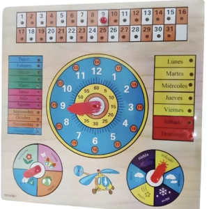 Calendario didáctico de madera en español con reloj, meses, días, clima y estaciones para aprendizaje infantil.