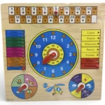Calendario de madera interactivo en español con meses, días, clima y reloj para aprendizaje infantil. Ficha XBY 61901.