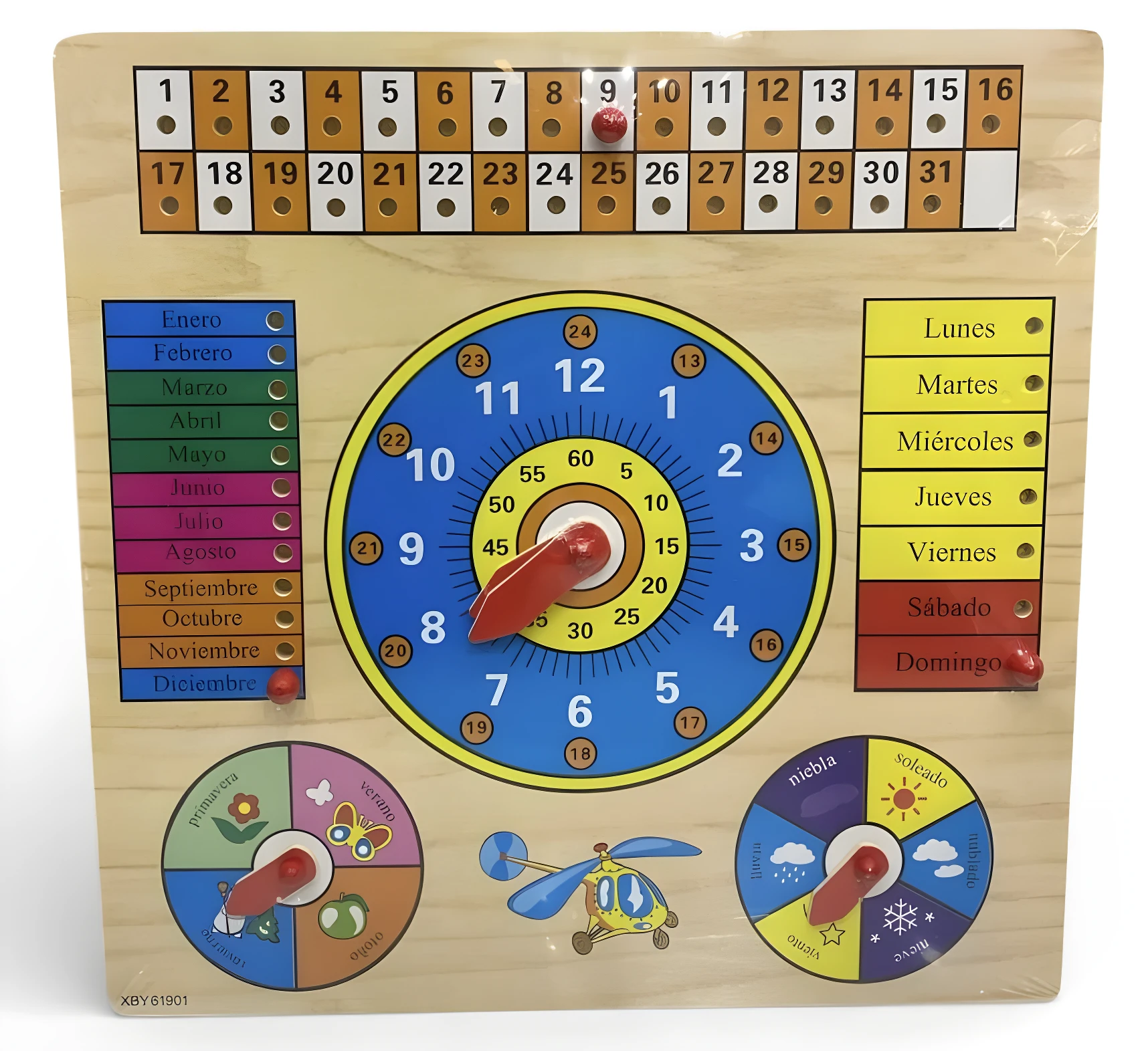 Calendario de madera interactivo en español con meses, días, clima y reloj para aprendizaje infantil. Ficha XBY 61901.