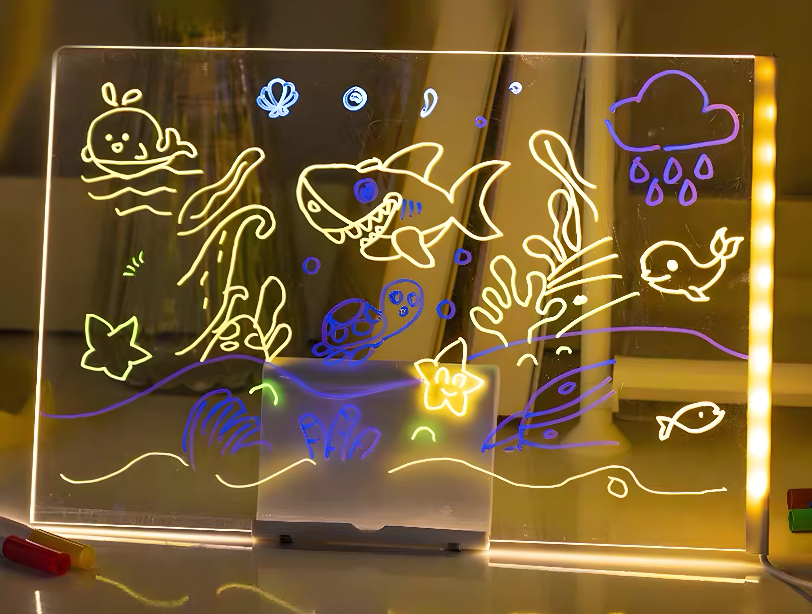 Tablero acrílico LED con dibujos de vida marina y nube iluminados, resalta tus mensajes creativamente.
