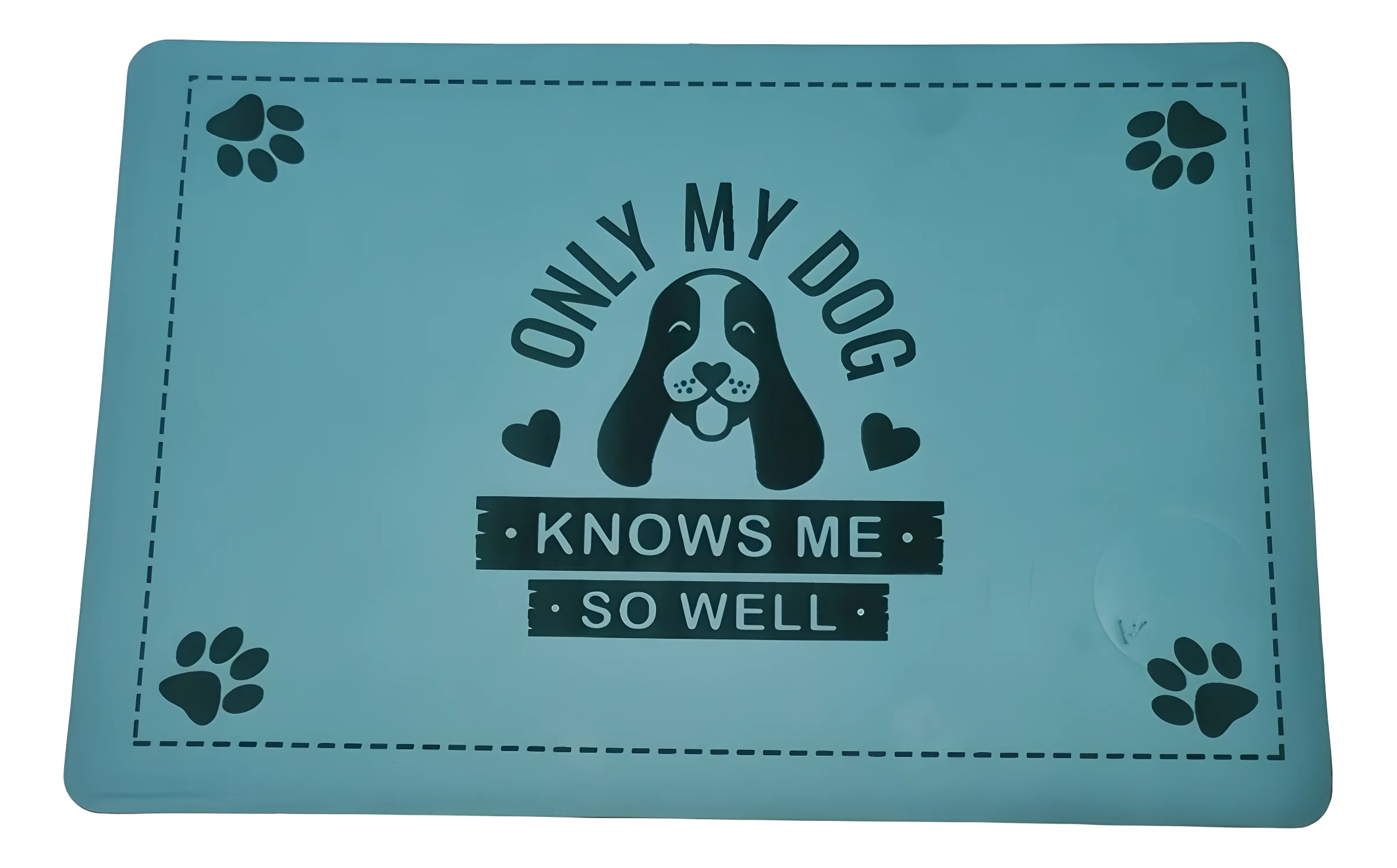 Tapete azul turquesa para mascotas con diseño de perro sonriente y texto "Only my dog knows me so well".