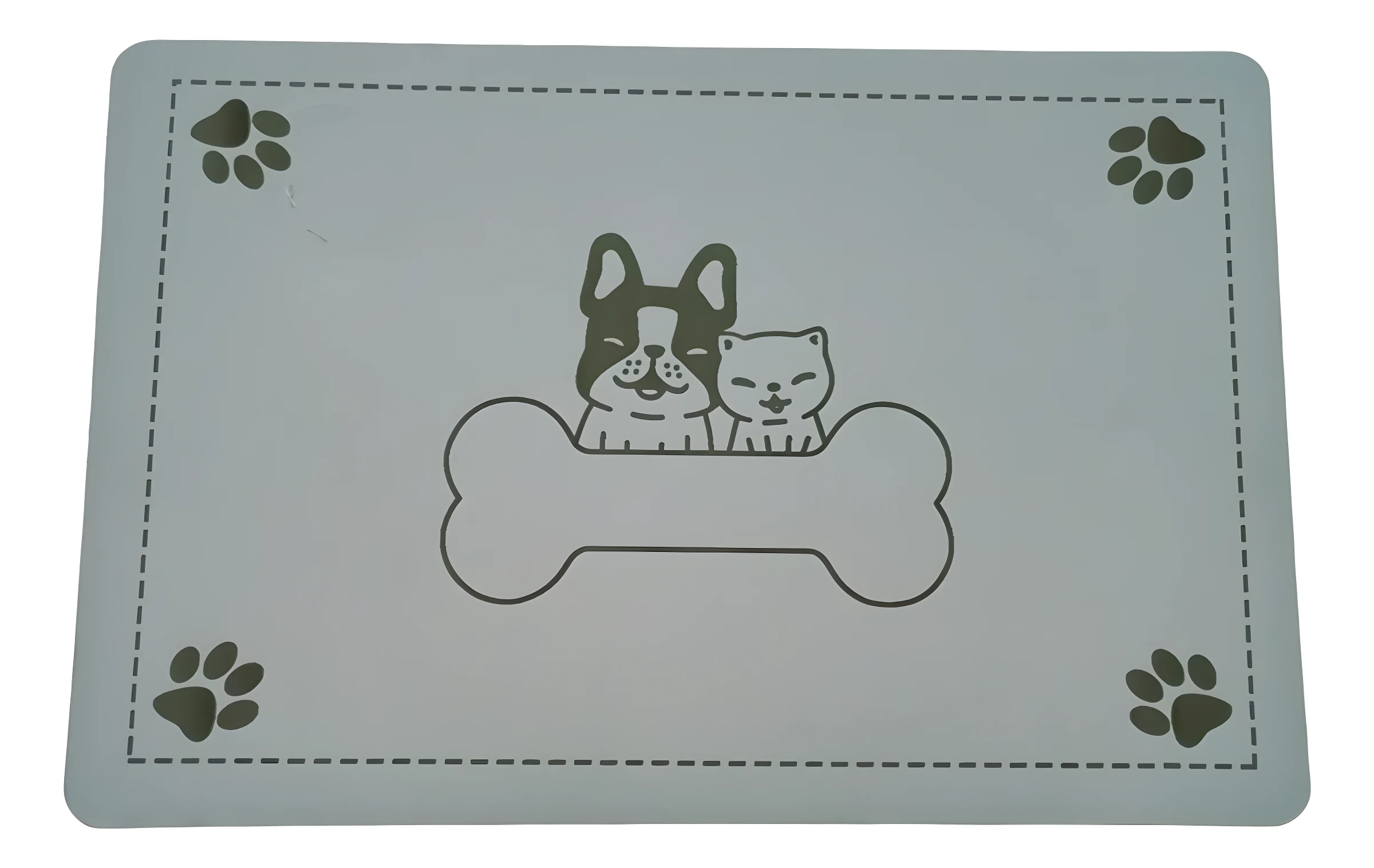 Tapete gris claro para mascotas con diseño de bulldog y gato sonriendo sobre un hueso; borde punteado con huellas.