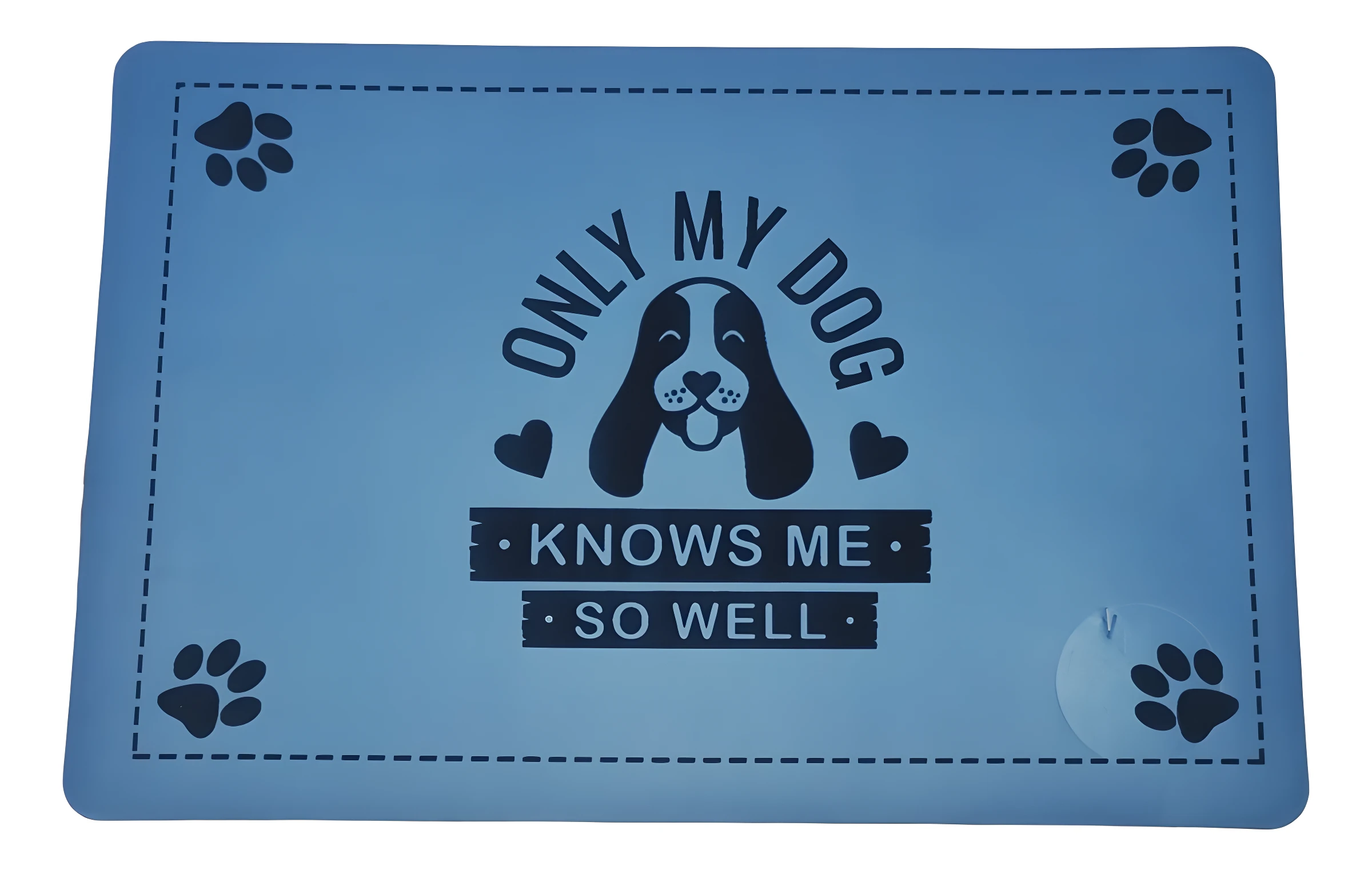 Tapete azul claro para perro con frase "Only my dog knows me so well", borde de costura y huellas.