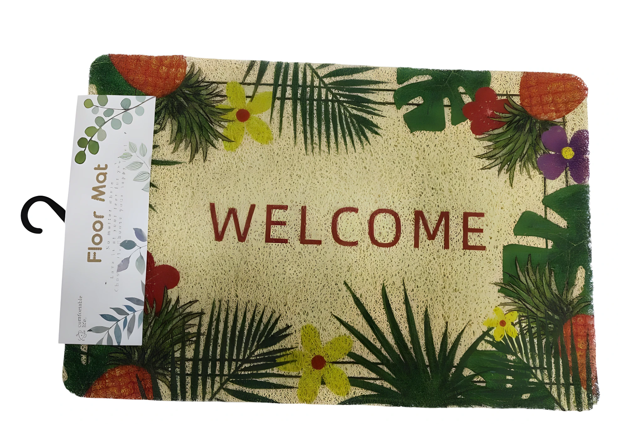 Tapete de bienvenida color beige con borde de piñas y hojas tropicales verdes; texto "WELCOME" en rojo.
