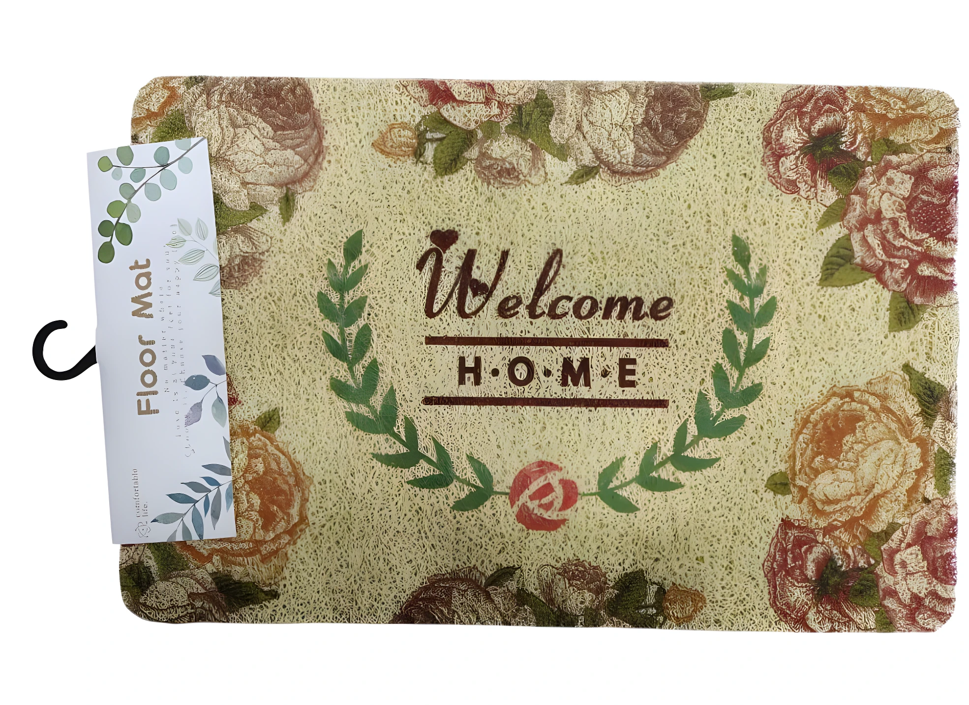 Tapete de entrada textura vinílica color beige con estampado floral tonos rojos y marrones, dice "Welcome HOME" rodeado de laurel.