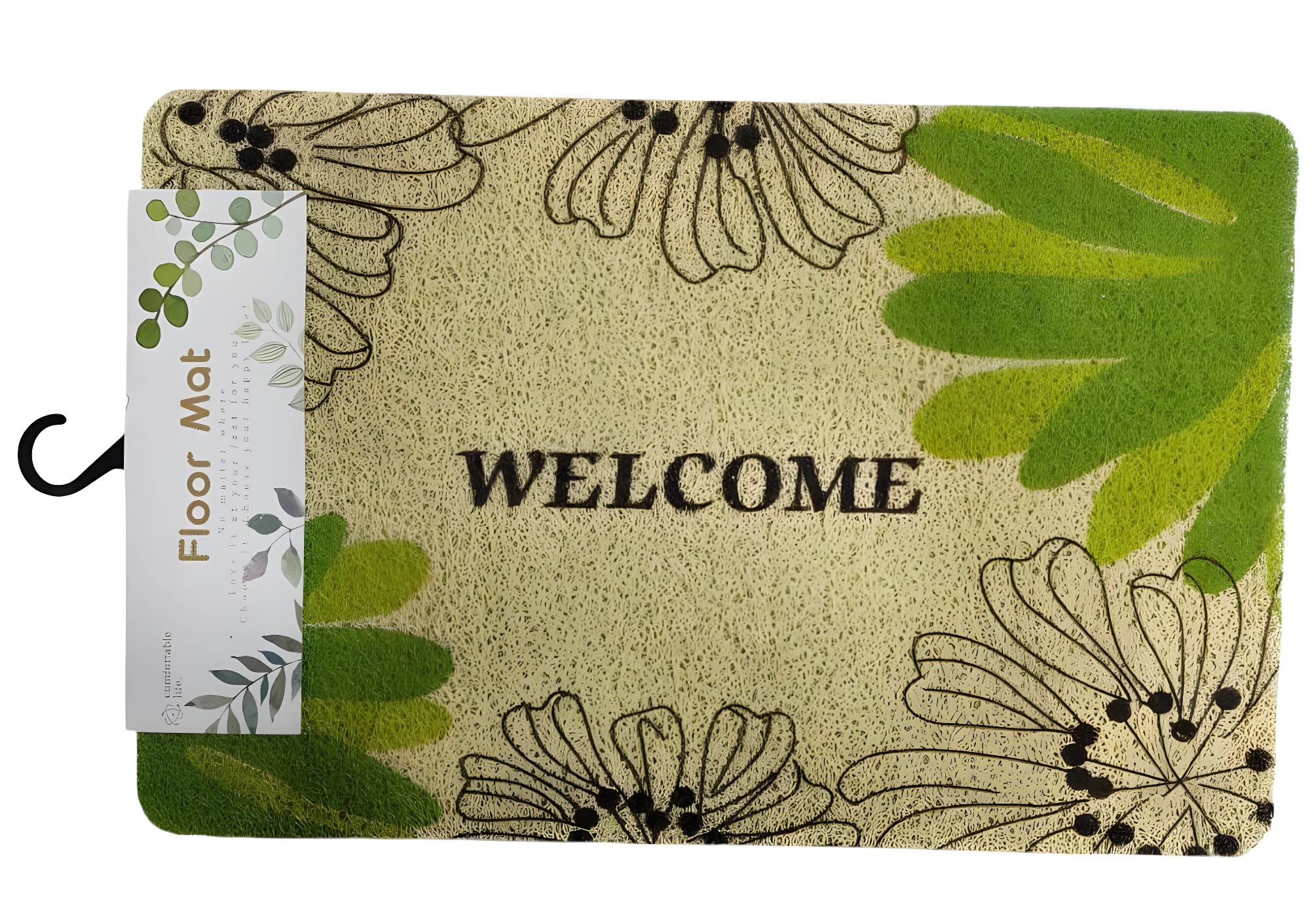 Tapete felpudo atrapa polvo color beige con flores negras y hojas verdes, dice "WELCOME". Incluye etiqueta.
