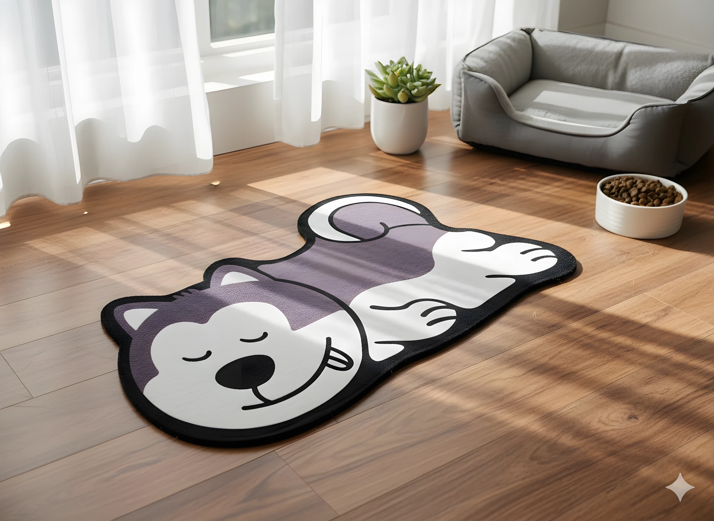 Tapete para mascotas con diseño de perro husky durmiendo en tonos morado y blanco, sobre piso de madera iluminado por luz natural.