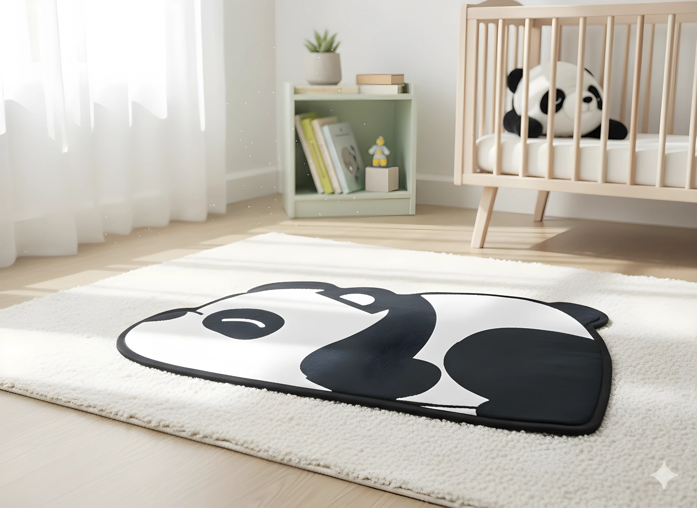 Tapete decorativo blanco y negro con diseño de cabeza de panda sobre alfombra mullida clara, junto a cuna de madera y estantería.