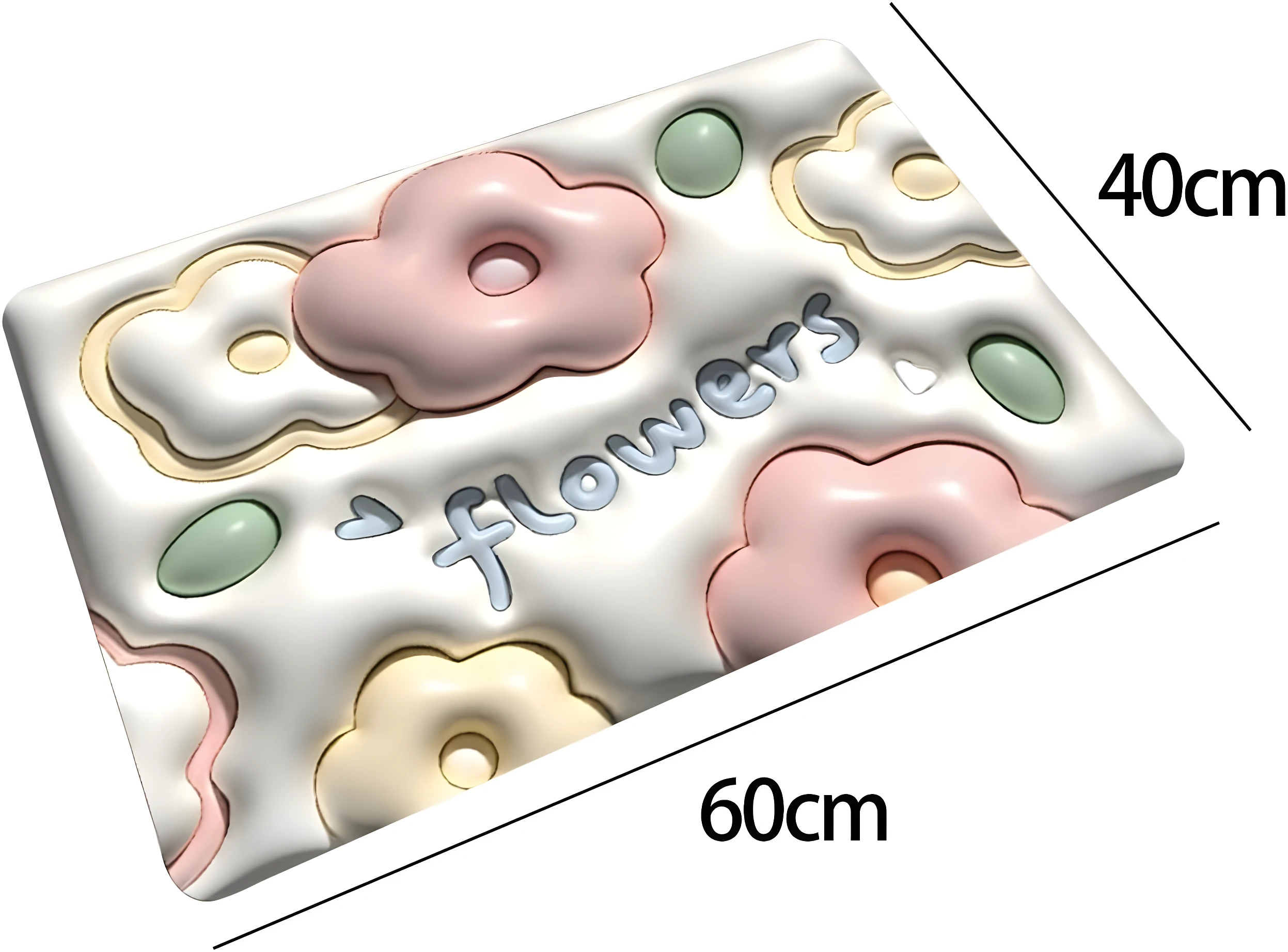 Tapete de baño rectangular 60x40 cm blanco con relieve de flores 3D en tonos pastel rosa y crema.