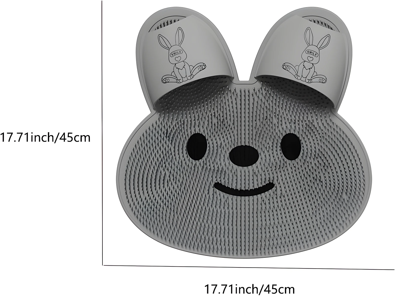 Tapete exfoliante de pies en silicona gris, forma de conejo con orejas para sandalias, mide 45cm, superficie con cerdas para masaje.
