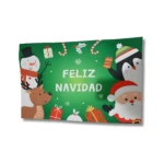 Tapete verde con texto "FELIZ NAVIDAD" rodeado de personajes navideños: Papá Noel, muñeco de nieve, reno y pingüino con regalos.