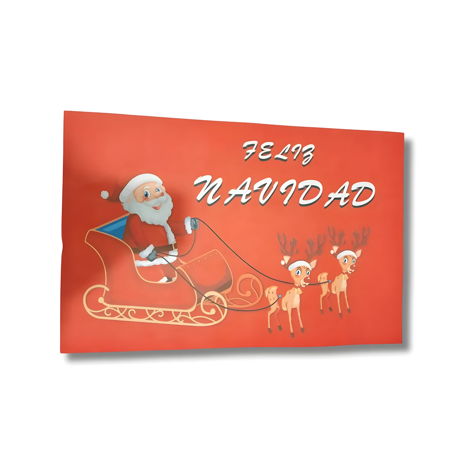 Tapete rectangular rojo con Santa Claus en su trineo dorado y tres renos blancos, texto "Feliz Navidad" en blanco.