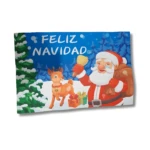 Tapete navideño con Santa Claus tocando una campana y reno en paisaje nevado. Texto: FELIZ NAVIDAD.