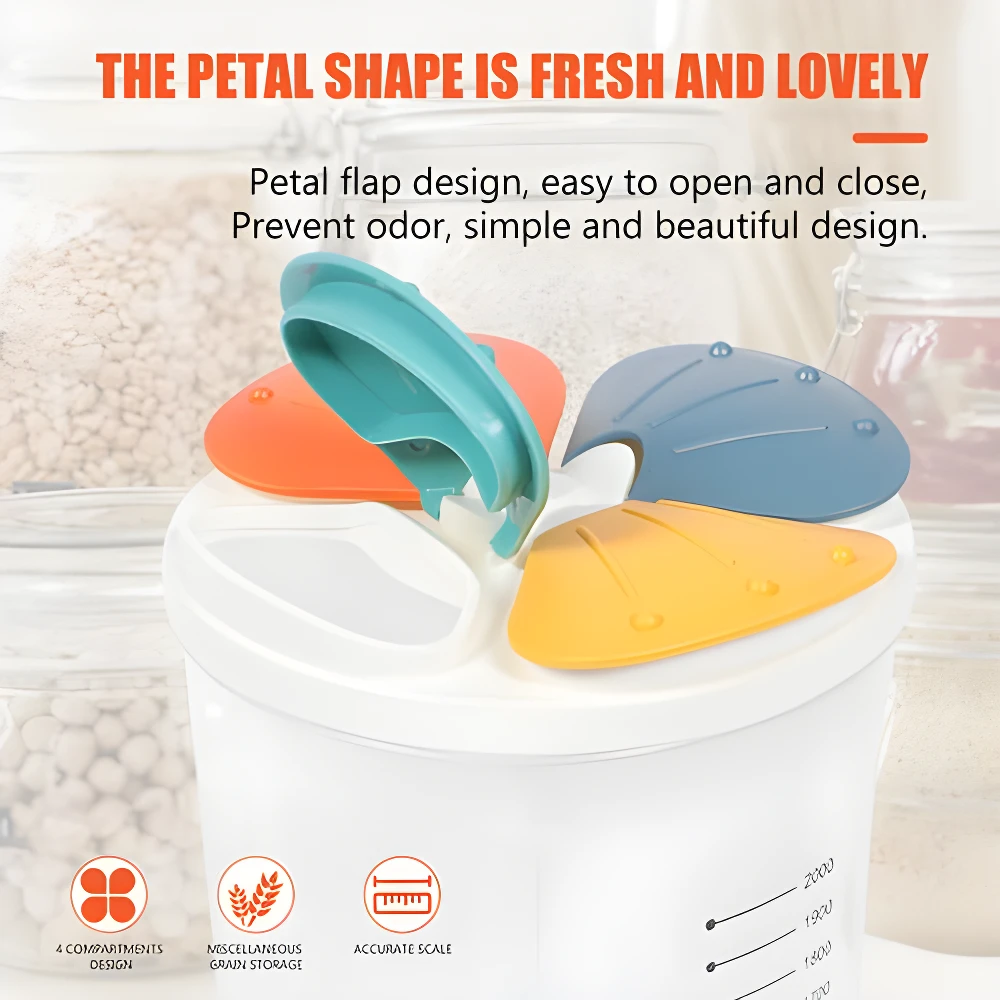 Tarro organizador blanco para granos con tapas tipo pétalo en naranja, azul y amarillo. Diseño de 4 compartimentos.