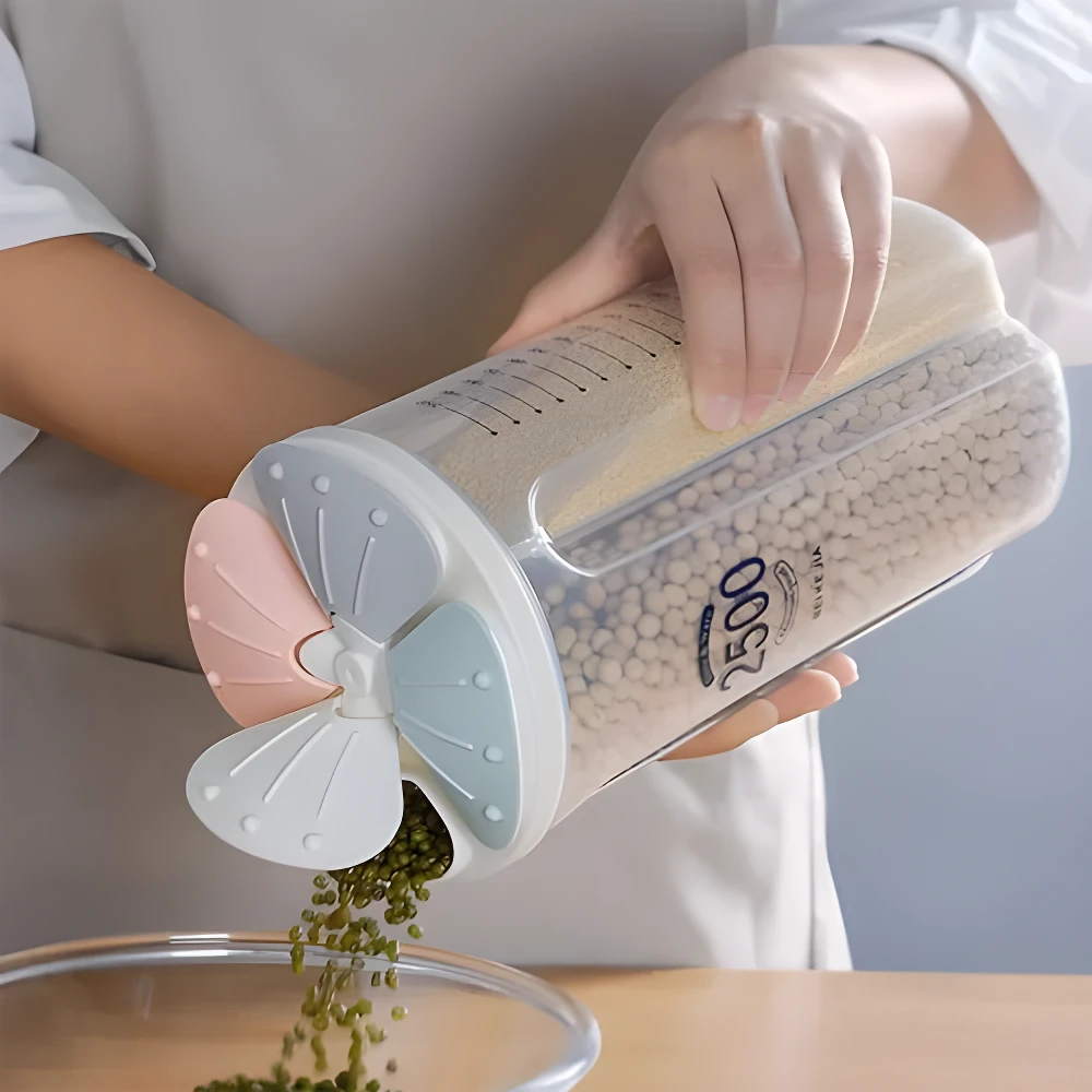 Tarro organizador transparente para granos de cocina con dispensador giratorio, gris, rosa y azul.