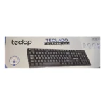 Caja empaque teclado alámbrico negro oficina Teclop modelo TA-TL-00 con disposición ABNT2 y símbolos de durabilidad.