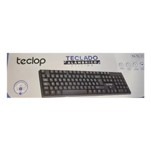 Caja empaque teclado alámbrico negro oficina Teclop modelo TA-TL-00 con disposición ABNT2 y símbolos de durabilidad.