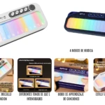 Teclado electrónico infantil portátil tipo piano con teclas luminosas arcoíris, mostrando modos de luz y aprendizaje en español.
