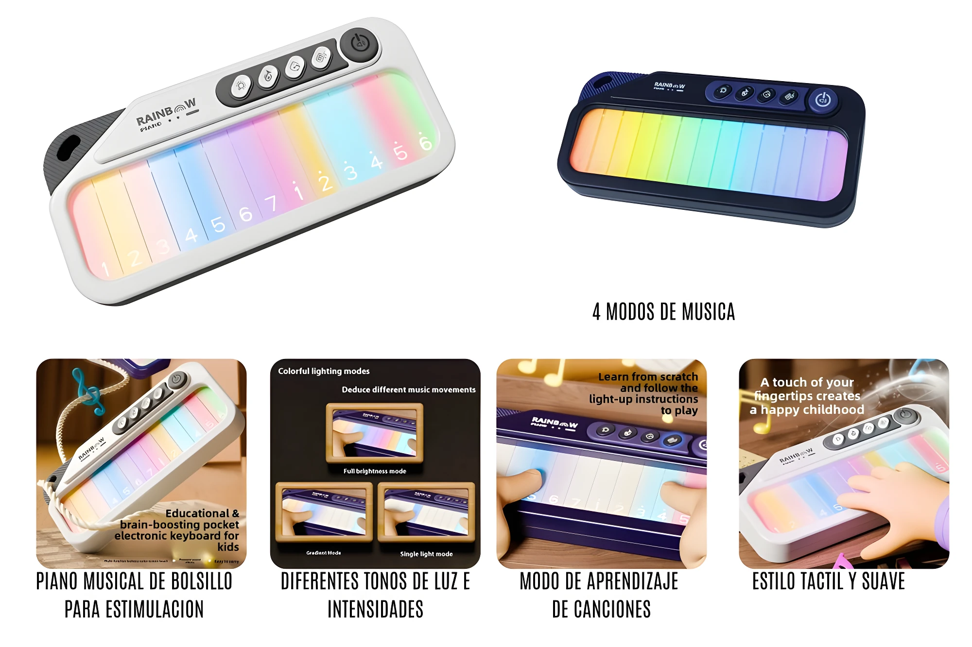 Teclado electrónico infantil portátil tipo piano con teclas luminosas arcoíris, mostrando modos de luz y aprendizaje en español.