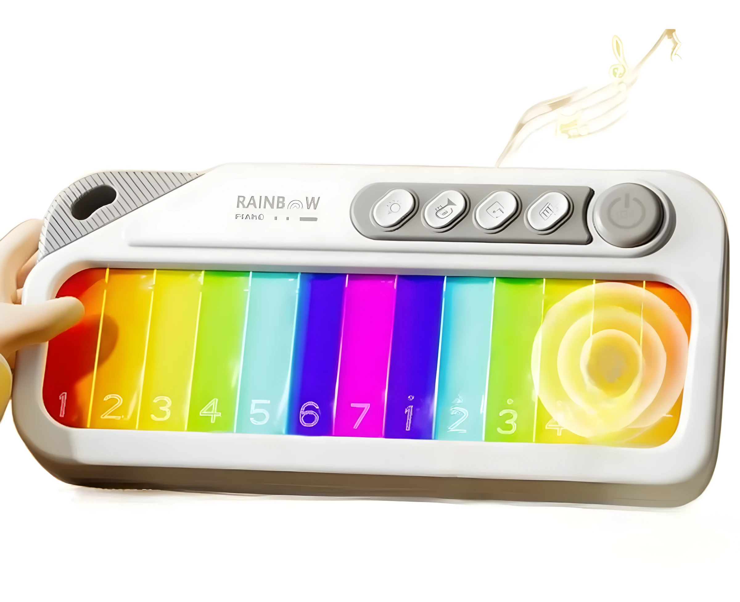 Piano de juguete electrónico infantil "Rainbow Piano" blanco con 7 teclas multicolor brillantes y botones de función.