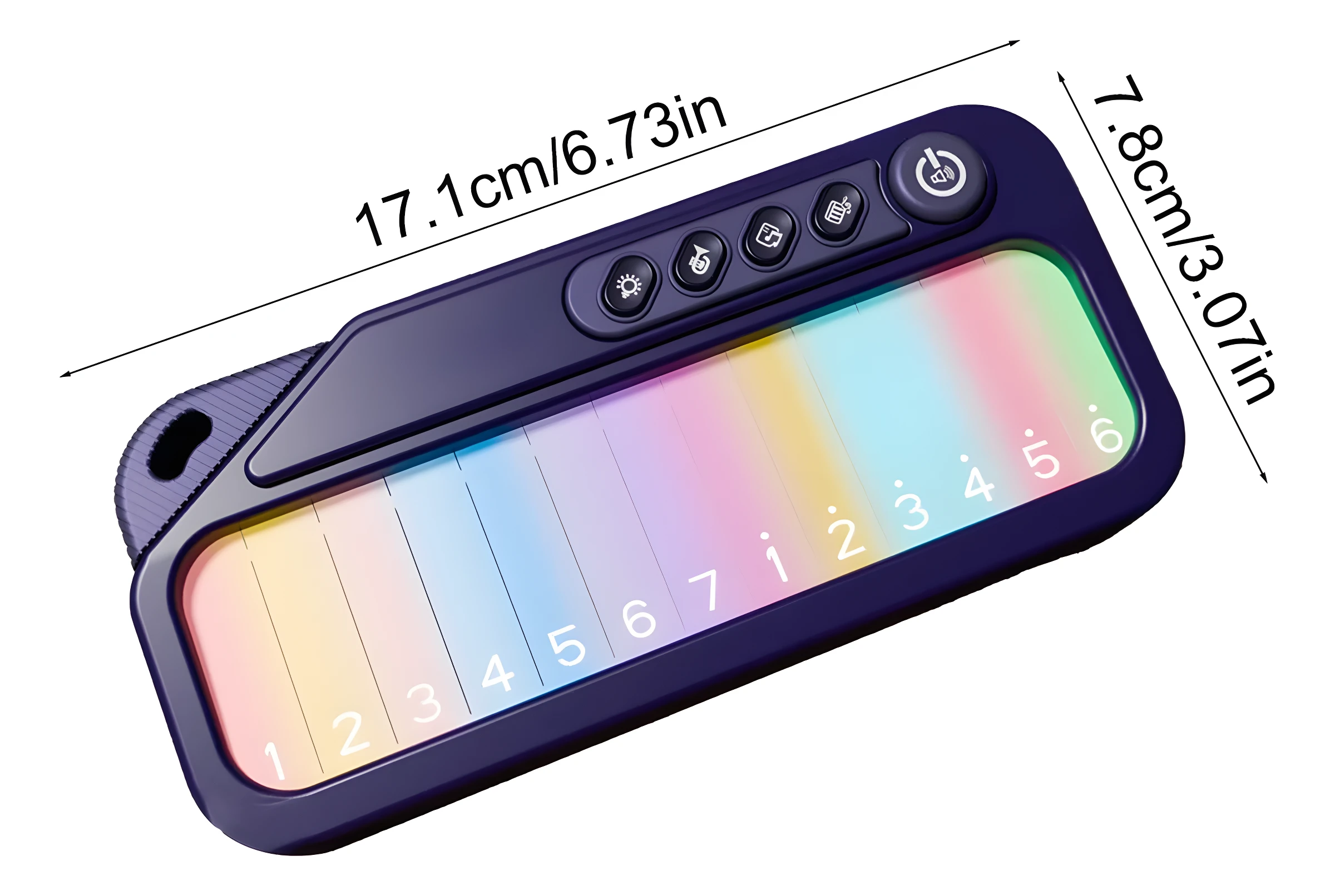 Teclado electrónico infantil púrpura con teclas coloridas numeradas del 1 al 7 y botones de función, dimensiones 17.1cm x 7.8cm.