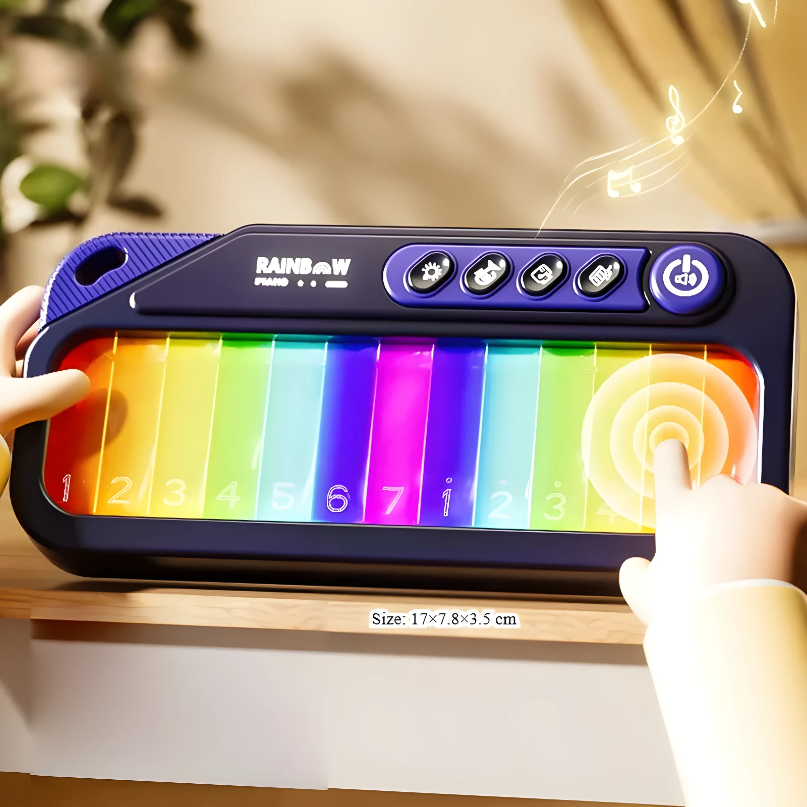 Teclado electrónico infantil "Rainbow Piano" con teclas coloridas, botones de función y medida 17x7.8x3.5 cm.
