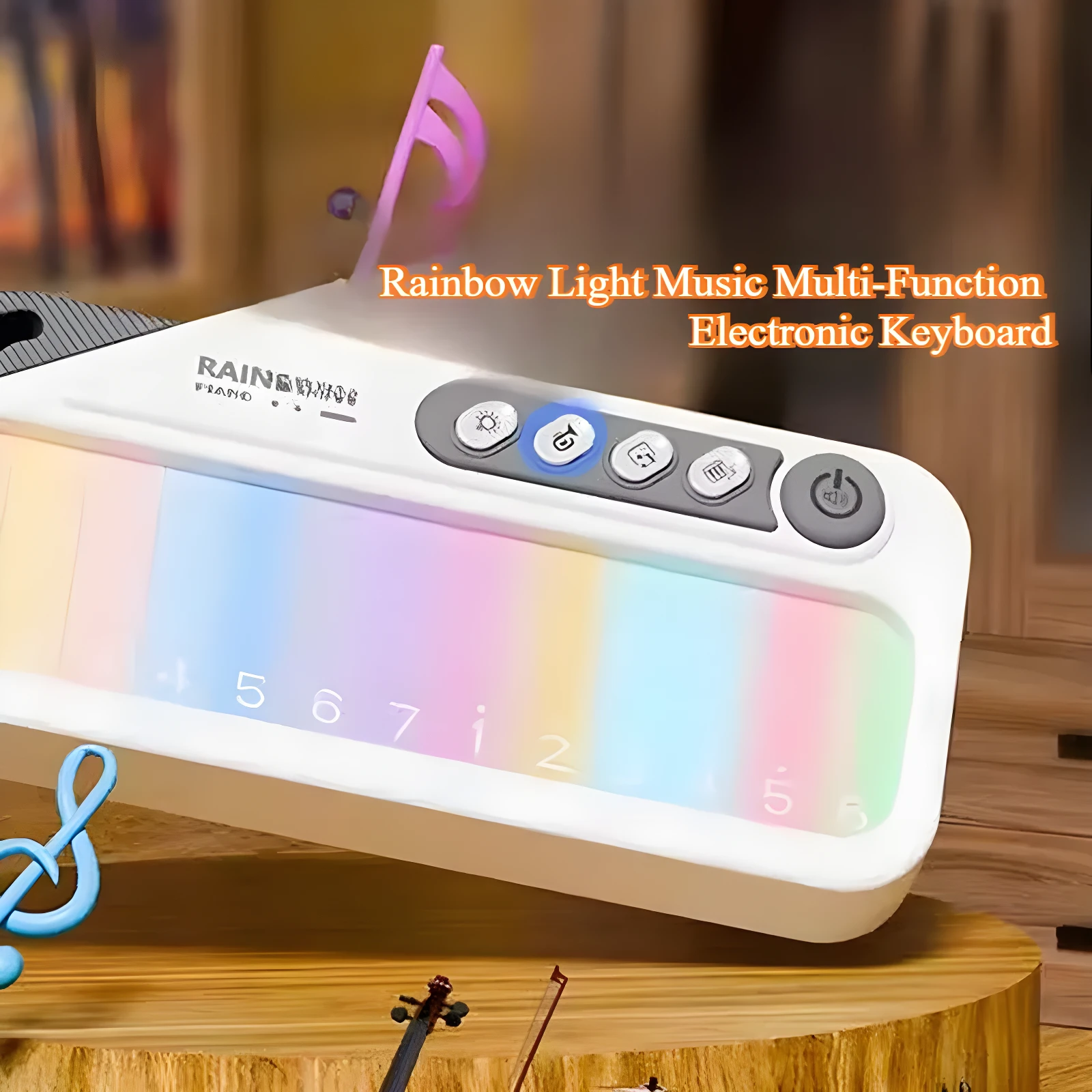 Teclado electrónico blanco con panel de luces arcoíris. Controles de función e interruptor de encendido visibles.