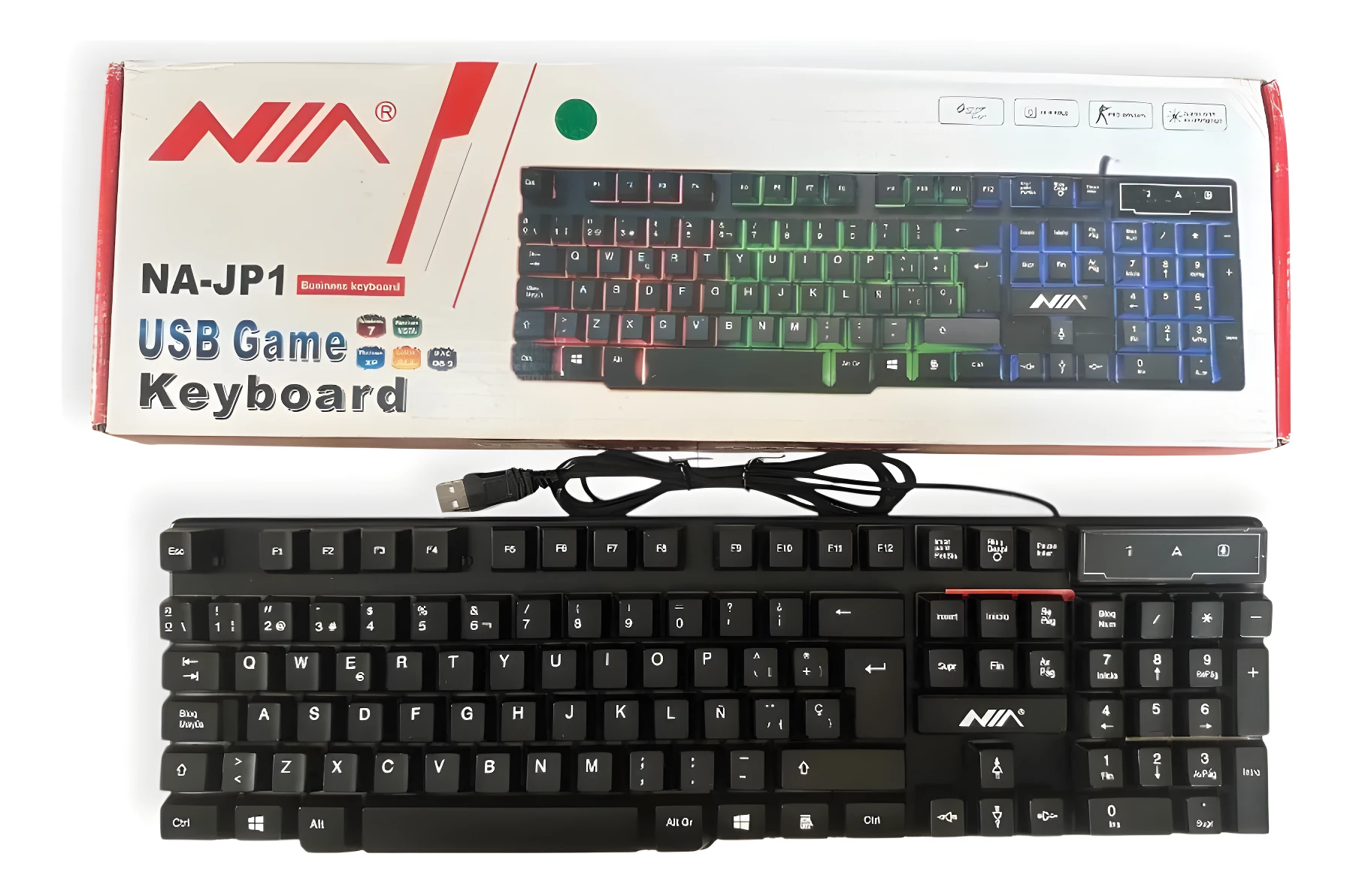 Teclado gamer negro Nia JP1 retroiluminado RGB con anti-ghosting y cable USB, ideal para juegos y trabajo.
